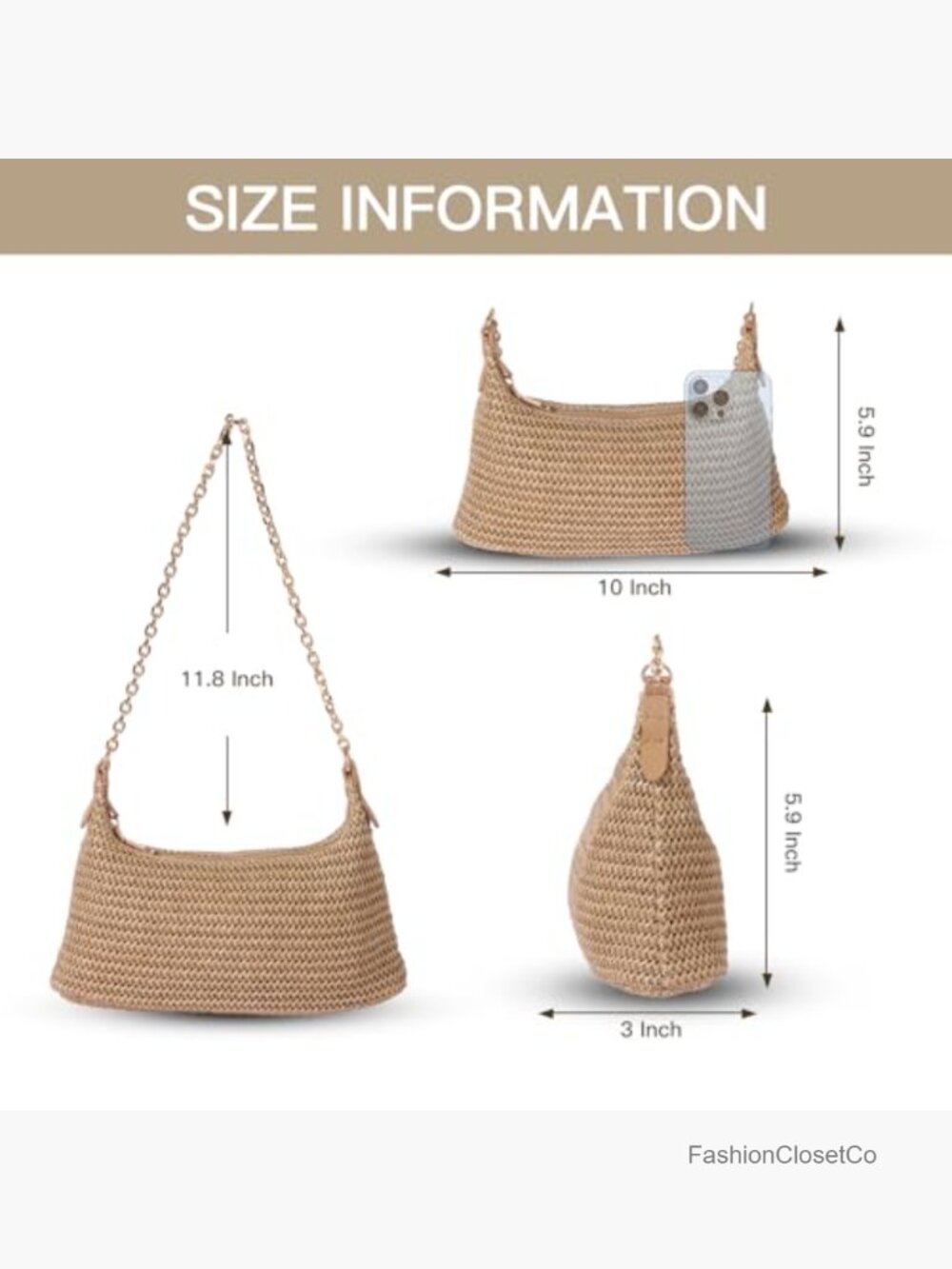 Straw Woven Beach Bag Summer Shoulder Purse with Chain Strap - Picture 4 of 6
